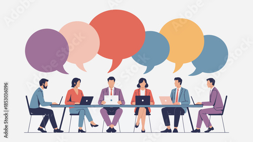 Business team meeting and discussion concept illustration with diverse professionals sitting at table and colorful speech bubbles
