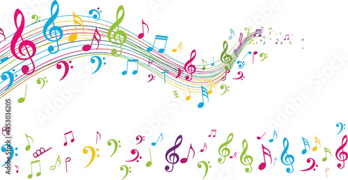 Colorful musical notes background, abstract music wave illustration, vibrant melody symbols, creative sound design, modern art composition