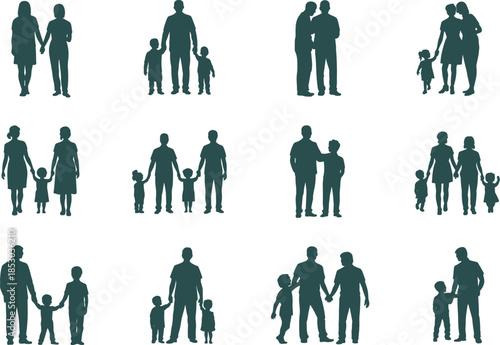 Silhouettes of diverse family groups in various poses showing modern relationships, parenting, and togetherness for design and illustration use