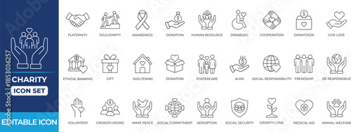 Charity and donation line icons featuring giving, support, volunteer, caring, charity, community, compassion, cooperation, and social help symbols for web and app design.