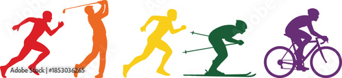 Colorful sport silhouettes illustration set, athletes running golfing skiing cycling, active lifestyle icons isolated on white background for design