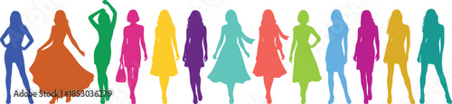 Colorful women fashion silhouettes illustration, diverse female poses, modern style concept, vibrant rainbow colors, flat vector design artwork, collection banner