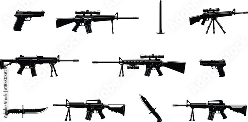 Weapon silhouettes, firearms and knives, black vector, clipart, line art, stock illustration, military icon, tactical graphic, combat tools