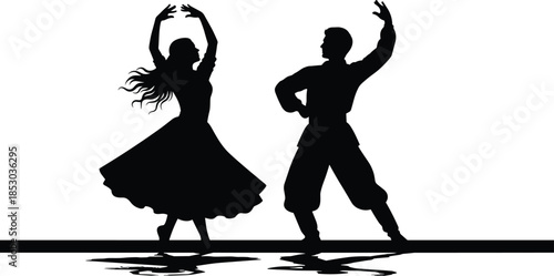 Dancing couple silhouette illustration, traditional folk dance pose, male and female dancers performing cultural choreography, elegant movement, black vector art