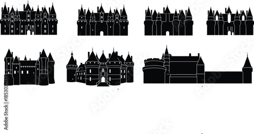 Medieval castle silhouette set, black fortress icons, fairytale kingdom architecture, fantasy stronghold collection, vector illustration, isolated on white background design