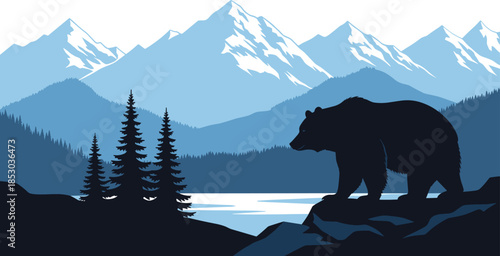 Mountain bear silhouette landscape, wild nature scene with forest lake and snowy peaks, wildlife adventure vector illustration background art design