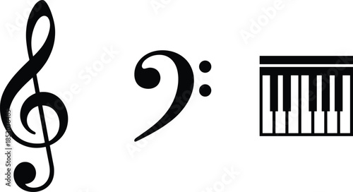 Music notation symbols illustration, treble clef bass clef piano keyboard icons, black white minimalist vector design collection, for education use