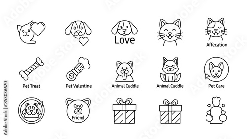 Cute pets represent love themes in simple line art or animals express friendship and affection in minimalist drawing style or linear pets show valentine gifts and petcare in flat outline illustration