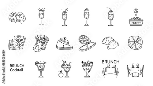 Doodle brunch icons showcase breakfast food and beverages or Brunch lineart display various culinary meals and refreshments