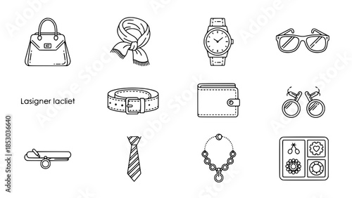 Fashionable accessories displaying in assortment showcasing isolated designs presenting outlined style or stylish accessories collection exhibiting isolated goods showing minimalistic designs