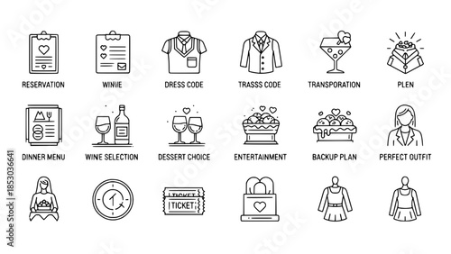 Elegant valentine plans outline celebrating love or Romantic valentines celebration icons planning date