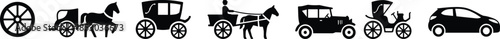 Transportation evolution silhouettes illustration, wheel horse carriage vintage automobiles modern car timeline, history progress black white vector icons set design