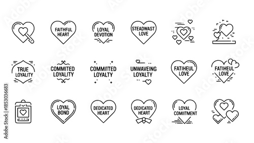 Heart icons display different love themes in outline style on white or Love symbol icons feature various forms of loyalty expressed simply in line art