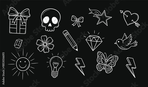Underground Gothic Tattoo Art and Y2k Fashion elements set in 2000s style. Y2k temporary Gothic tattoo designs - vector collection. Gothic Cross, butterfly, love, etc. 