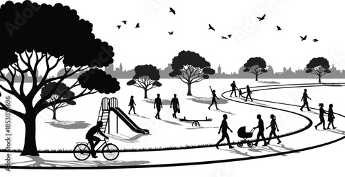 Urban park silhouette scene, people walking cycling relaxing, playground trees birds skyline, black and white vector illustration background design landscape
