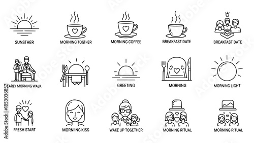 Morning elements showcase various scenes depicting togetherness or morning coffee icons represent breakfast date experiences or morning sunrise light greets people representing family routines