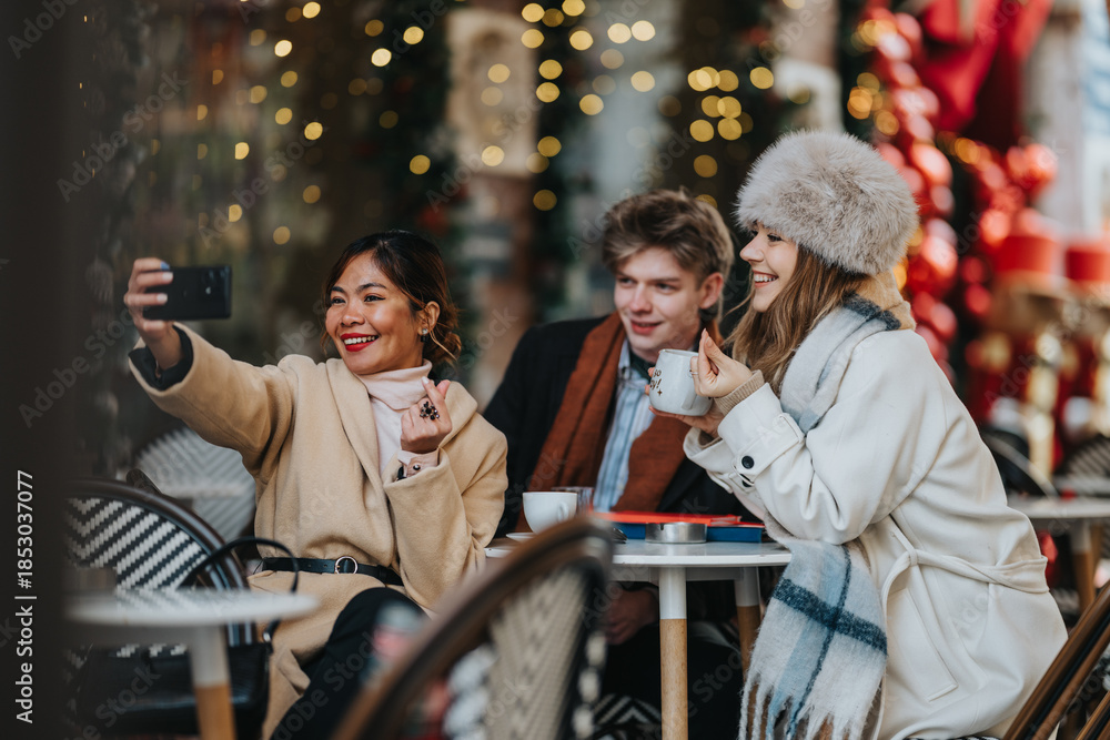 Obraz premium Three business colleagues pose for a selfie at a festive cafe. They enjoy coffee and Christmas lights while chatting and smiling.