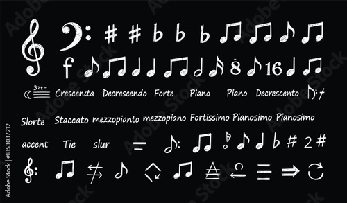 Various music notes arrangement with treble and bass clefs on white background