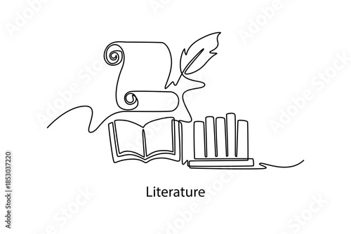 Literature. School Subject concept. Single line draw design. Vector graphic illustration