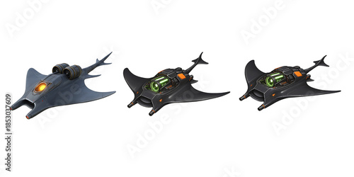 three futuristic spaceships flying in space