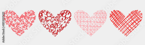 Hand drawn red heart set. Vector sketch illustration in artistic crayon charcoal style. Four unique hearts with pink and red patterns swirls, grids, dots, and textured lines for love, art, decoration
