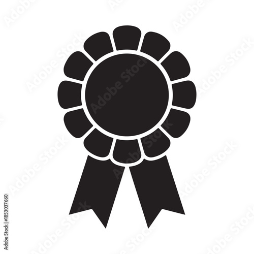 A black and white silhouette icon of a rosette award ribbon for achievement