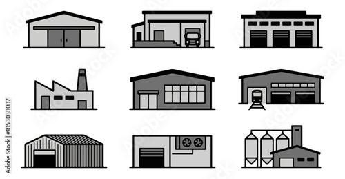 Industrial buildings and warehouses graphic set for commerce