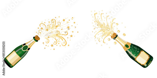 A green champagne bottle popping open, golden cork flying upward, and champagne spraying out in an arc of fizzy bubbles on a clean white background, flat vector illustration style.
