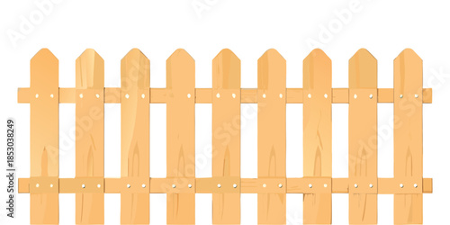 An isolated clip art image of a long section of a light brown picket fence, in a clean and simple design