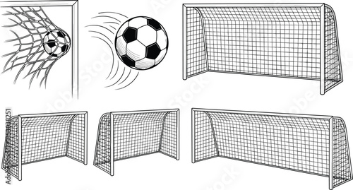 Vector illustration of soccer goals and ball in motion with net impact, goalpost angles, scoring action, and sports equipment design.