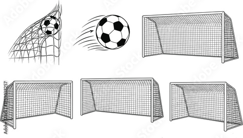Vector illustration of soccer goals and balls in motion with net impact, goalpost angles, and dynamic sports scoring concept.
