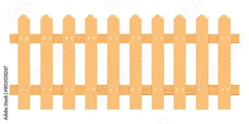 A seamless border element of a light-colored wooden paling fence in a simple, stylized illustration. The fence has rounded planks
