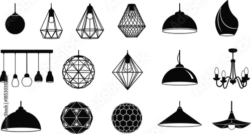 Vector silhouette set of hanging light fixtures and pendant lamps for interior lighting, home decor, architectural design, and modern styling.