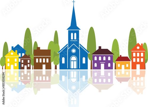 Colorful town skyline illustration with church, houses, trees, and reflections representing community, neighborhood life, architecture, harmony, and urban landscape design