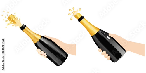 Close-up illustration of a hand holding a black champagne bottle at an angle, golden foil neck, cork flying out with splashing champagne foam on a white background, clean vector style.