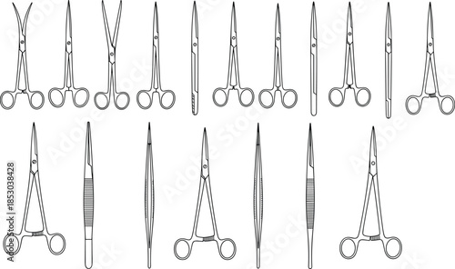 Set of professional surgical scissors, forceps, and needle holders for medical procedures, hospital equipment, healthcare tools, and clinical operations.