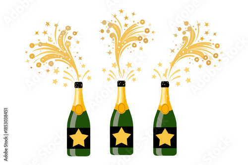 Colorful vector of three green champagne bottles with gold necks and black labels in a row