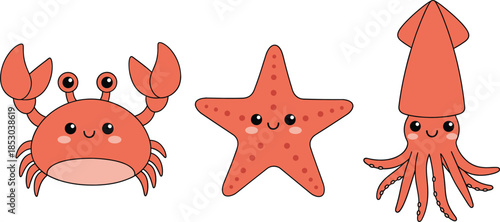 Cute sea animals vector illustration set with smiling crab starfish and squid cartoon characters