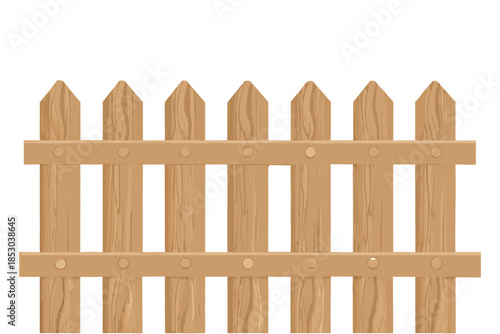 Flat vector art of a classic wooden garden fence. A row of simple brown pickets with round tops is held together by two horizontal wooden bars. The entire fence is isolated on a white canvas.