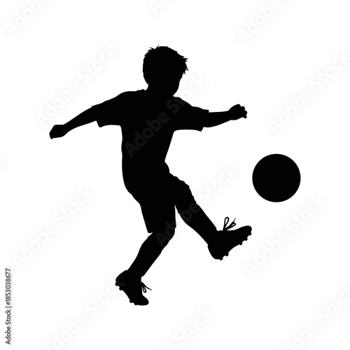 silhouette of a boy playing soccer against a white background