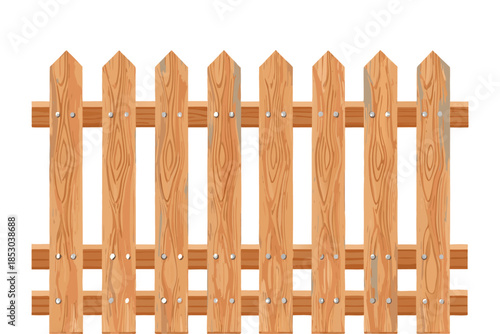Flat vector illustration of a straight wooden picket fence with rounded tops, light brown planks and horizontal rails