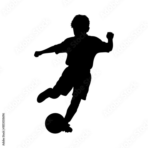 silhouette of a boy playing soccer against a white background