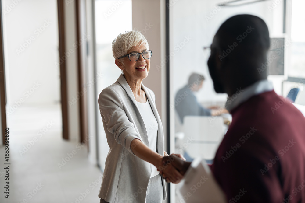 Obraz premium Friendly Handshake Between Businesswoman and Colleague in Modern Office Corridor