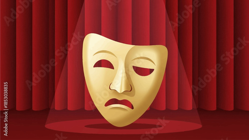 A refined flat design illustration of an elegant theatre mask, blending comedy and tragedy, in golden tones, symbolizing the performing arts celebrated at the Golden Globes.