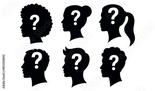 Mysterious silhouettes of people with question marks