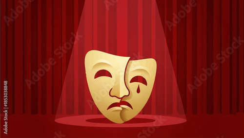 A refined flat design illustration of an elegant theatre mask, blending comedy and tragedy, in golden tones, symbolizing the performing arts celebrated at the Golden Globes.