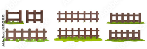 Rustic and picket fence comparison Two rows of fencing on grass, dark uneven planks vs. light-orange rounded pickets, clean vector illustration.