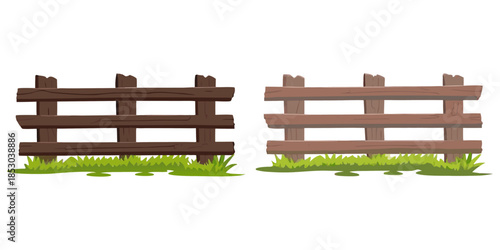 Stacked cartoon fences  Rustic dark brown plank fence on top, neat light-orange picket fence below, both on grass, white background.