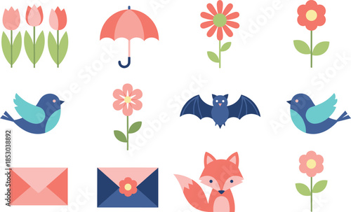 Cute spring icons vector illustration set with flowers birds fox umbrella bat envelopes and colorful flat elements
