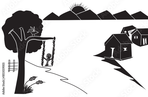 A colorful scenery full of distant mountains, sunrise, and a beautiful scene of a little girl swinging on a swing under a tree.